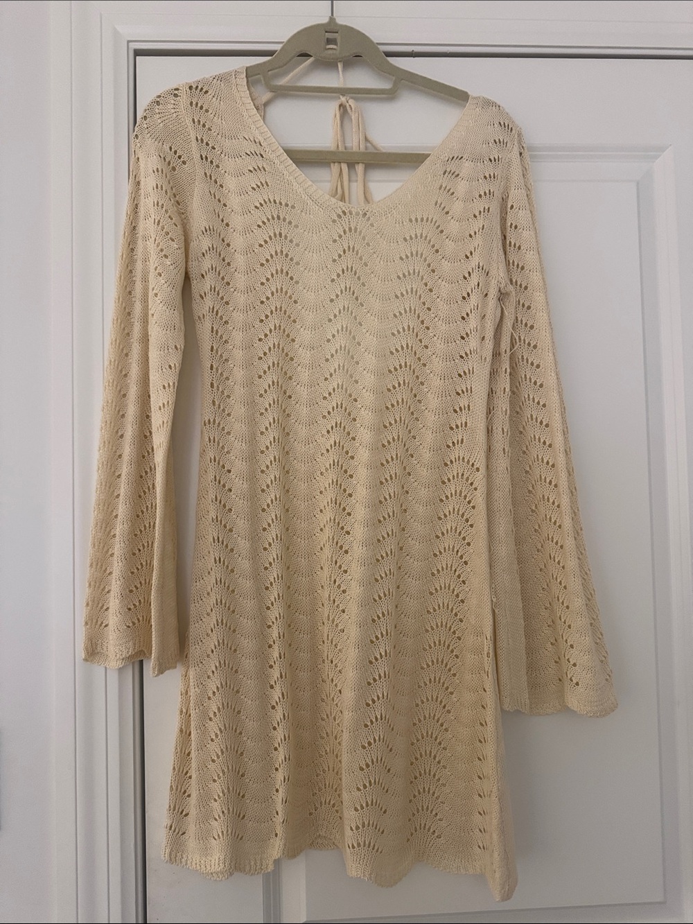 Cream Knit Long-Sleeve V-Neck Dress with Openwork Detail